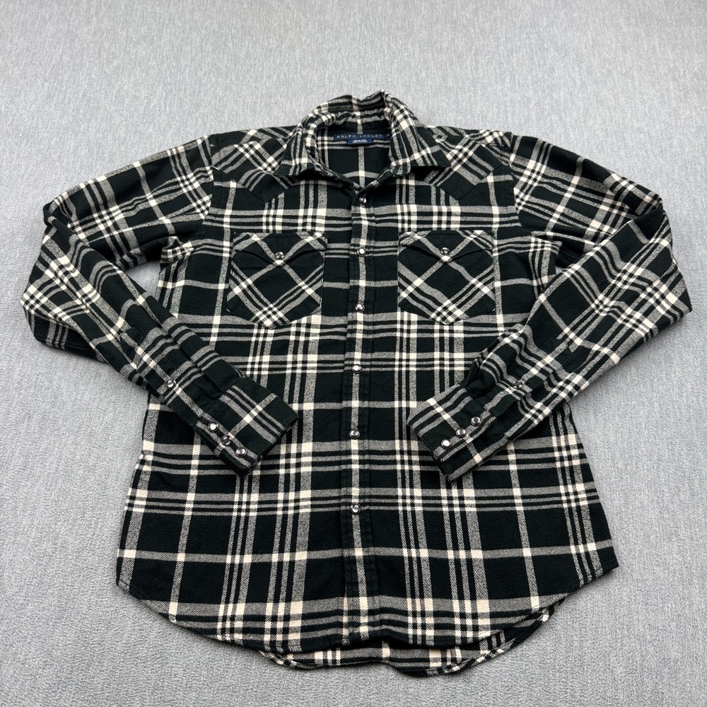 Ralph Lauren Shirt Womens 2 Black Plaid Snap Pearl Flannel Western Cowgirl Rodeo